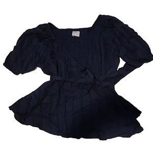 Old Navy Womens Size M Wrap Blouse Navy Blue Puff Sleeves